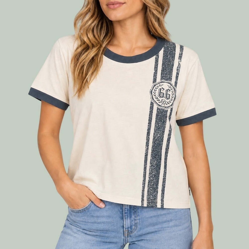 Vans Rugbie Ringer-B Cream Blue Graphic Stripe 66 T-Shirt Women's Size XL NEW